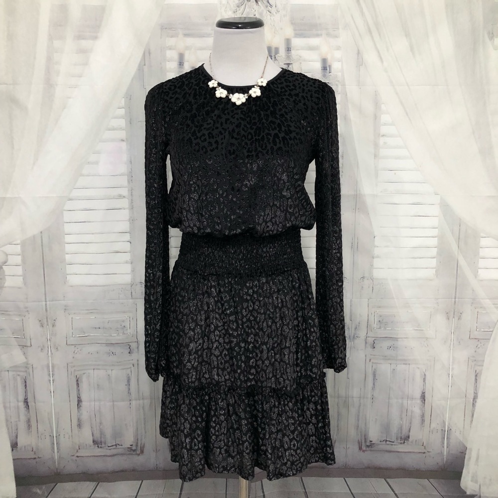 Michael Kors Small Smocked Leopard Animal-Print Dress Black Long Sleeve Peasant